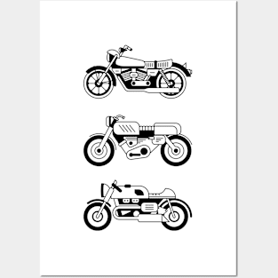 Illustration of three stylized black and white motorcycle Posters and Art